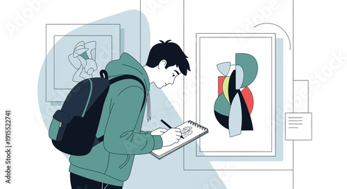 Young Artist Sketching Modern Art In Museum Display