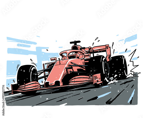 Vászonkép Dynamic red Formula 1 racing car vector illustration, high speed on track with sparks and copy space, ideal for sports banner design