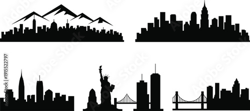 Set of city skyline silhouettes with mountains and bridges, urban skyline vector collection featuring iconic landmarks and modern metropolitan cityscapes