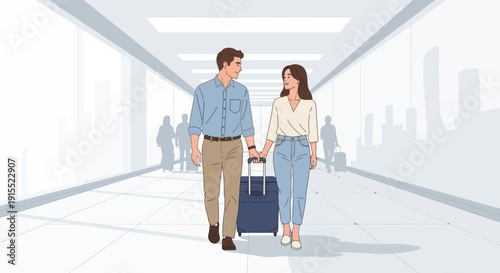 Young Couple Holding Hands Traveling Together Through Modern Airport Terminal
