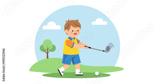 Young Golfer Swinging Club On Sunny Day With Clouds