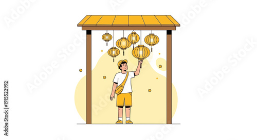 Young Man Admiring Traditional Hanging Lanterns Under Wooden Archway Celebration