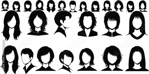 Set of black animal silhouettes including american buffalo bison buck deer with large antlers and a galloping wild horse animal,