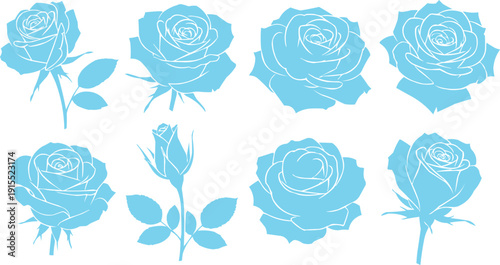 described features a collection of eight blue rose illustrations, showcasing a variety of styles and stages of bloom.