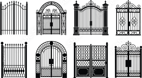 Set of ornate wrought iron gates and decorative garden entrances, vintage metal fence designs, elegant estate doorway silhouettes, classical architecture elements