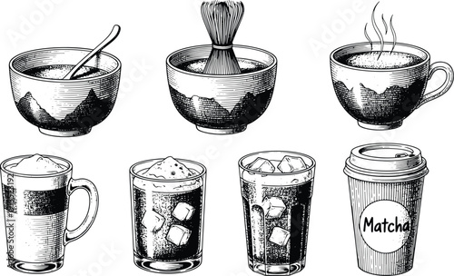 Matcha tea drinks collection including bowls cups and iced beverages in detailed engraving style