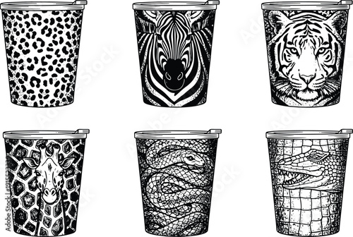 Wild animal pattern drink cups featuring zebra tiger giraffe snake and crocodile engraving style