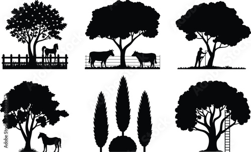 Set of rural landscape silhouettes with trees, horses and farmer tending tree, countryside farm scenes, nature vector collection, black scenic silhouettes
