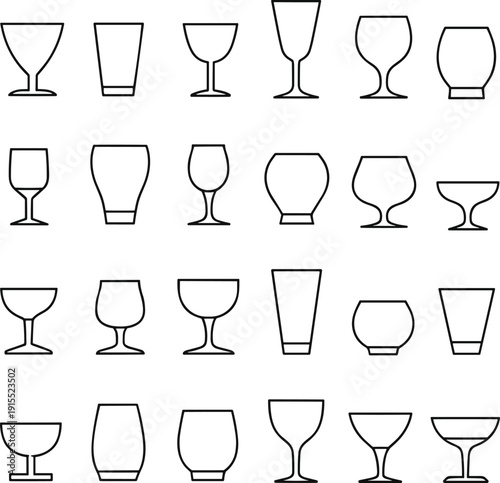 Modern drinkware glass collection line icons, wine cocktail beer beverage cup set minimal outline barware illustration pack
