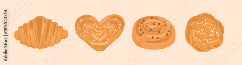 Sweet pastry collection. Hand-drawn croissant, heart-shaped bun, cardamon bun, cinnamon bun icon set in cartoon style. Flat vector illustration for bakery, cafe menu or greeting card on beige backgrou