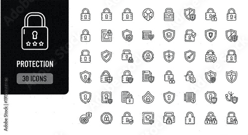 Black and white line icons of various protection and security symbols