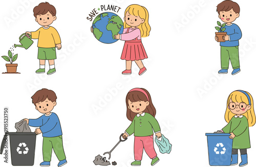 Children promoting environmental awareness, cartoon kids recycling, planting trees, saving planet, eco-friendly lifestyle illustration, sustainability education concept, green earth protection artwork