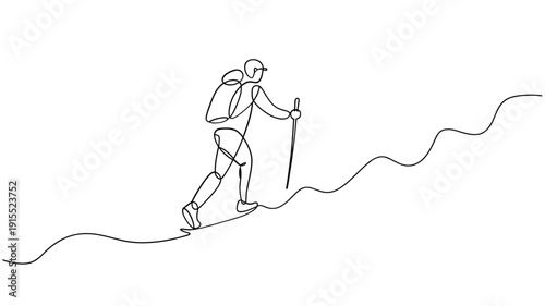 Continuous line drawing of a hiker ascending a mountain slope