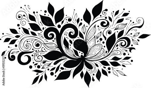 described features a black and white floral swirl design with several key elements