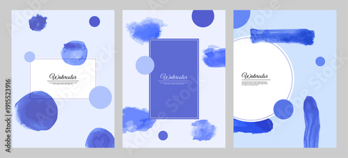Vector illustration of abstract watercolor background set with blue paint splashes, circles, and geometric frames. Minimalist artistic design for posters, covers, flyers, and branding templates.