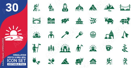 Icon set depicting Nepal's Himalayan region featuring landmarks flora fauna and cultural symbols