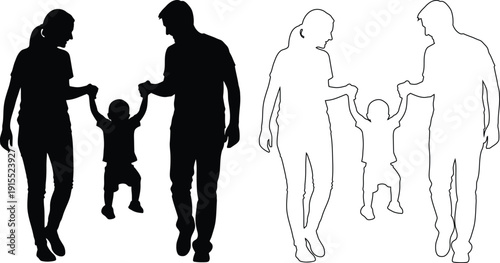 Silhouettes of families with children in different group sizes and interactions