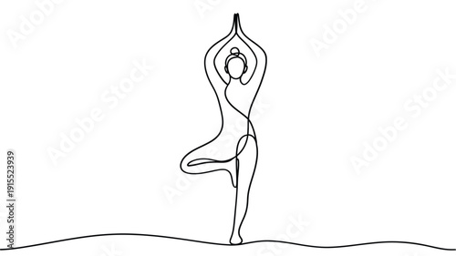 Minimalist line drawing of a woman in a tree pose yoga position