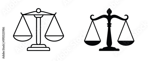 Set of Four Justice Scales Icons, Black and White Symbols Representing Legal Balance, Law, Court Systems, and Ethical Decision-Making for Vector Graphic and Design Applications.