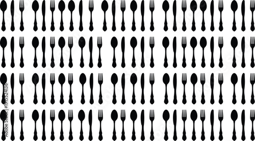 Seamless cutlery silhouette pattern with fork spoon and knife icons isolated on white background, black kitchen utensil vector illustration set