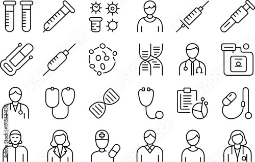 Medical research healthcare icon set line vector collection featuring doctors, syringe, DNA, laboratory, diagnostics, treatment symbols illustration design