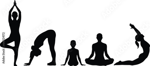 Yoga pose silhouette vector set, meditation and stretching exercises, fitness wellness relaxation collection