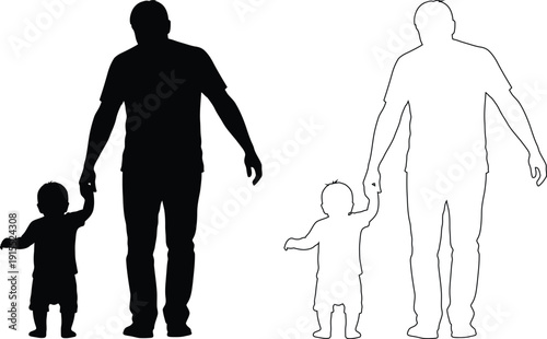 Illustration of an adult and two children holding hands in silhouette form