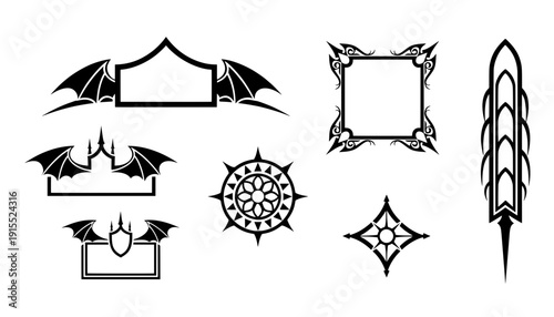 Collection of black gothic fantasy ui elements featuring winged nameplates clan banners and ornate frames for role playing game interface design