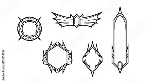Set of blank gothic borders and frames with sharp thorns and bat wings for rpg game user interface design medieval crests and dark tribal tattoo art