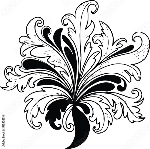 described features a black and white vector graphic with a floral or botanical design characterized by several key elements