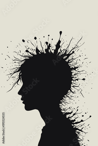 Illustration of a boy’s silhouette with splashing paint around the head, symbolizing creativity, imagination and abstract inspiration, black and white art, negative space