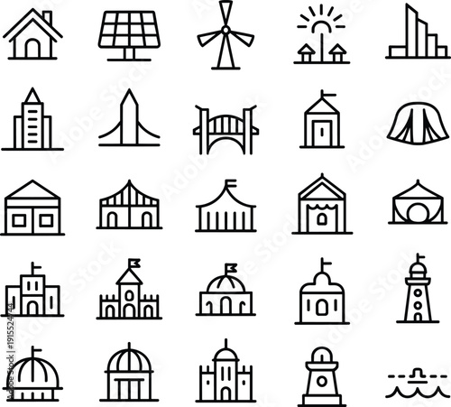 Landmark architecture icon set line vector collection featuring buildings monuments bridge lighthouse city skyline and structures design