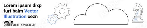 Technology, innovation, business strategy, digital transformation, cloud services, problem-solving. A cloud, gears and knight chess piece in minimal design. Technology and innovation concept