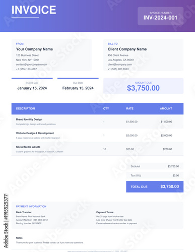 Modern professional invoice template with clean layout, itemized billing, payment terms. Editable SVG for freelancers, small business, contractors. Print-ready business invoice. Tax compliant.
