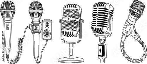 Vintage and Modern Microphone Vector Icon Set Featuring Retro Condenser Mics, Radio Broadcasting Equipment, and Handheld Vocal Microphones for Podcast and Music Design