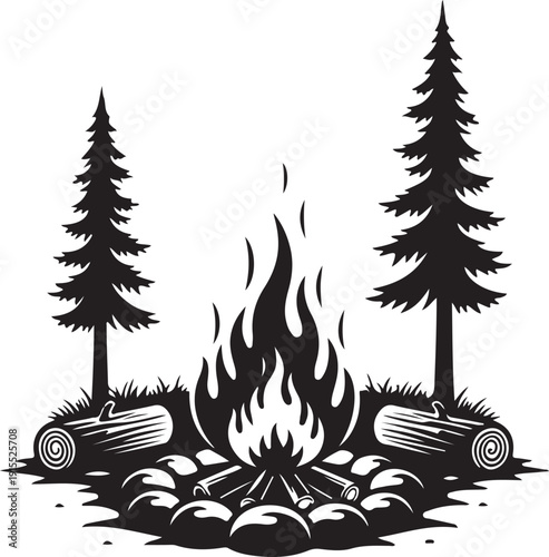 Campfire surrounded by logs and trees in a serene forest setting