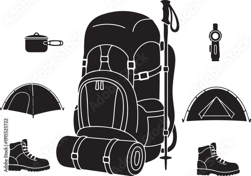 Camping gear icons including backpack tent and hiking boots isolated on transparent background