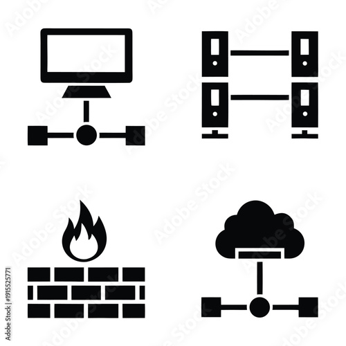 Four black and white representing computer network, firewall, and cloud computing