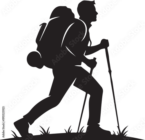 Man hiking with backpack and trekking poles on transparent background in one step