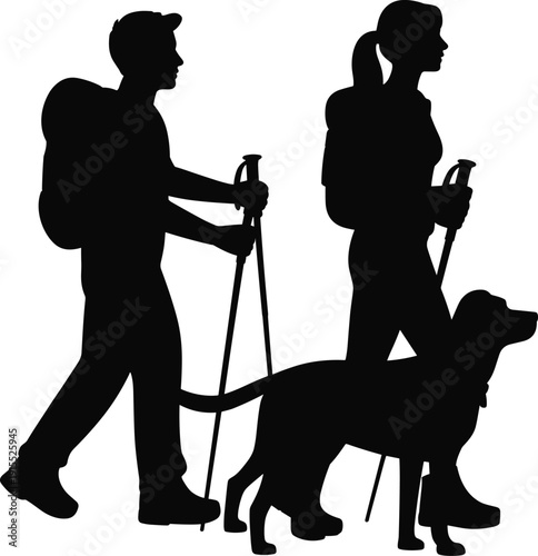 Black silhouette of a man and woman with backpacks and trekking poles hiking with their dog for outdoor adventure travel and fitness concepts.