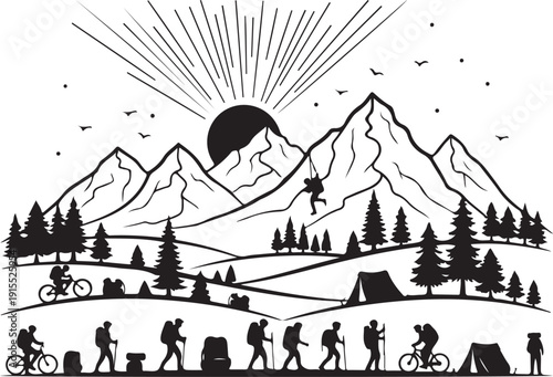 People hiking and cycling in mountains with trees and sun in background illustration