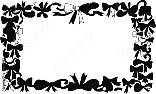 described features a black and white decorative border made up of bows and ribbons