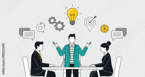 Business Strategy and Creative Idea Development Meeting with Team Collaboration, Innovation Planning, Financial Goals, and Marketing Solutions Concept Illustration