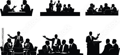 Silhouette of people in various poses on stage and in an audience silhouette