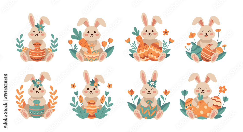 Obraz premium Cute set of eight easter bunnies celebrates the holiday with colorful decorated eggs, fresh carrots, and spring floral arrangements.