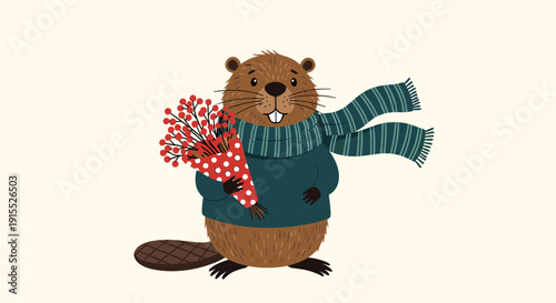 Cheerful brown beaver wears a green sweater and matching striped scarf while holding a festive bouquet of bright red winter berries.