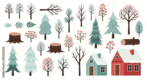 Large collection of winter forest elements includes snow-covered evergreen trees, wooden cabins, tree stumps, and bright red winter berries.