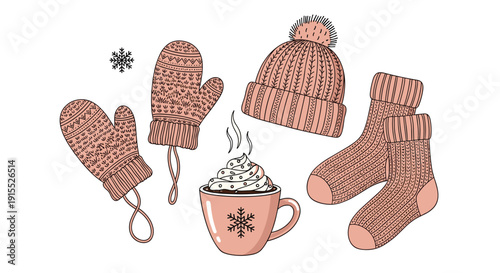 Winter lifestyle illustration features cozy hand-drawn pink mittens, a knit hat, warm socks, and a steaming cup of delicious hot chocolate.