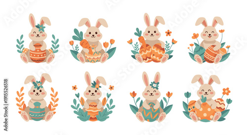 Cute set of eight easter bunnies celebrates the holiday with colorful decorated eggs, fresh carrots, and spring floral arrangements.