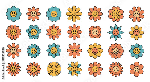 Retro style floral collection features twenty-four colorful flowers with happy smiley faces in a variety of nostalgic pastel shades.